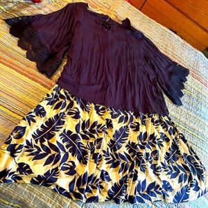 navy blue lace bell sleeve by Unique Spectrum, skirt has navy n neutral leaves